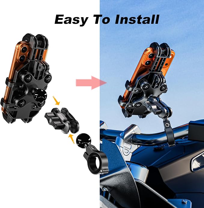 LOKTENWO Anti-Theft Motorcycle Phone Mount with Vibration Dampener [Metal Adjustment Arm] Aluminum Alloy Mounting Base, Anti-Shake Motorcycle Cellphone Holder for ATV Scooter for 5.4"-6.9" Phones