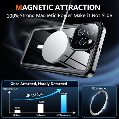 SPIDERCASE Magnetic for iPhone 13 Pro Max Case Waterproof,Built-in Screen & Camera Lens Protector[IP68 Underwater] [Military Grade Shockproof] Full Body Protection Phone Case,Black/Clear