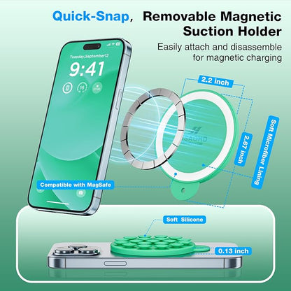 Magnetic Suction Cup Phone Mount, Compatible with MagSafe, Silicone Octo Cup Buddy Sticky Grip Holder for iPhone and Android, Removable Hands-Free Selfie/Video for TikTok, Emerald Green