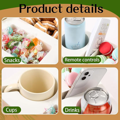Yerliker Couch Cup Holder Tray, Silicone Lining Couch Caddy Waterproof Anti-spill Sofa Cup Holder for Bed Car Seat Organizer, Hold Mugs, Drinks, Snacks, Phones, Remotes(Rectangle,White,Bamboo)