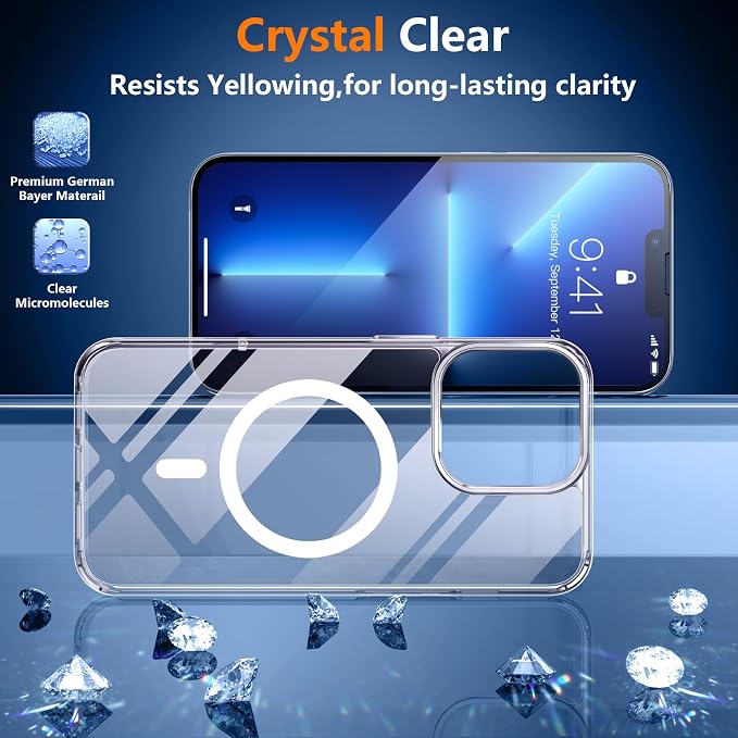 SPIDERCASE Magnetic for iPhone 13 Pro Max Case, [Not Yellowing] [Military Grade Drop Protection] Slim Shockproof Phone Cases, Cell Phone Home Button Stickers Clear