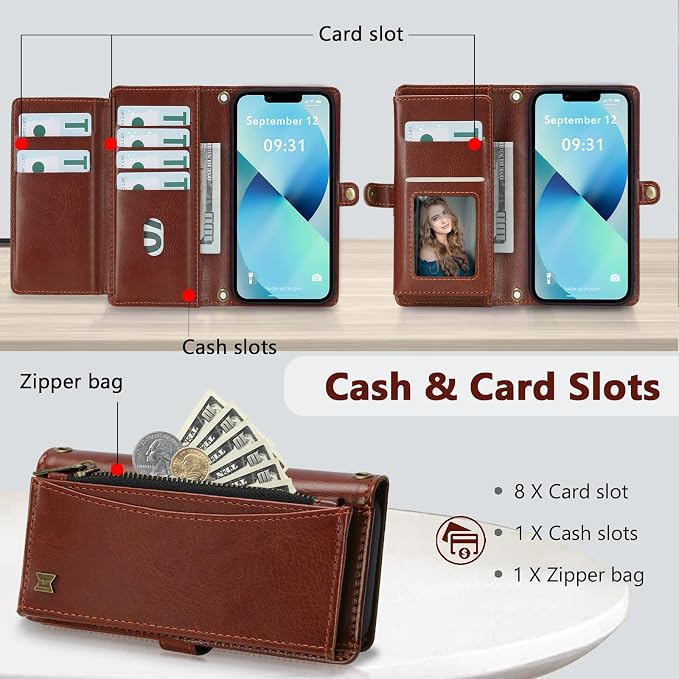 Wallet Case for iPhone 13 with Card Holder/Crossbody Wallet/Strap| RFID Blocking | Magnetic | Kickstand | Detachable | PU Leather Phone Case for iPhone 13,6.1 in,Brown