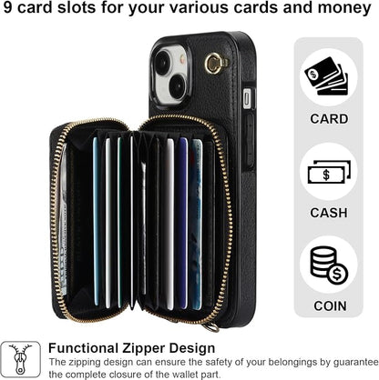 Bocasal Crossbody Wallet Case for iPhone 15, RFID Blocking Leather Purse Case with Card Holder, Protective Handbag Flip Cover with Zipper Wrist Strap Lanyard for Women 5G 6.1 Inch (Black)