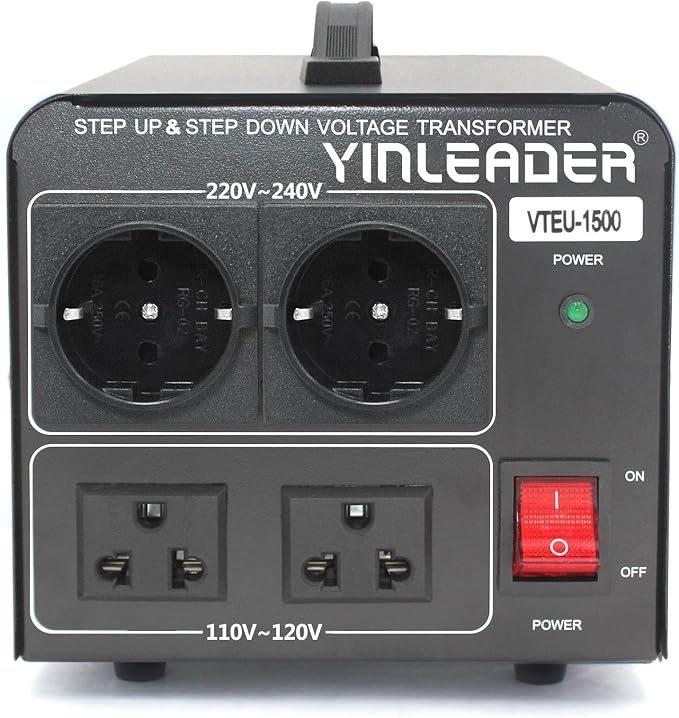 Yinleader 110V to 220V EU Voltage Converter Transformer Step Up/Down | 120V to 240V with 2 US&2 EU Outlets 1500W [110V US Power Cord Included Only, No 220V Cord]