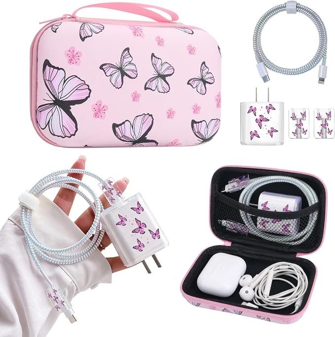 Cute Phone Charger Storage Case cover Set Pink Butterfliy flowers Carrying Bag with Cable Protector Cord Organizer,Cable Chomper,Charger Saver Lightning Compatible for iPhone