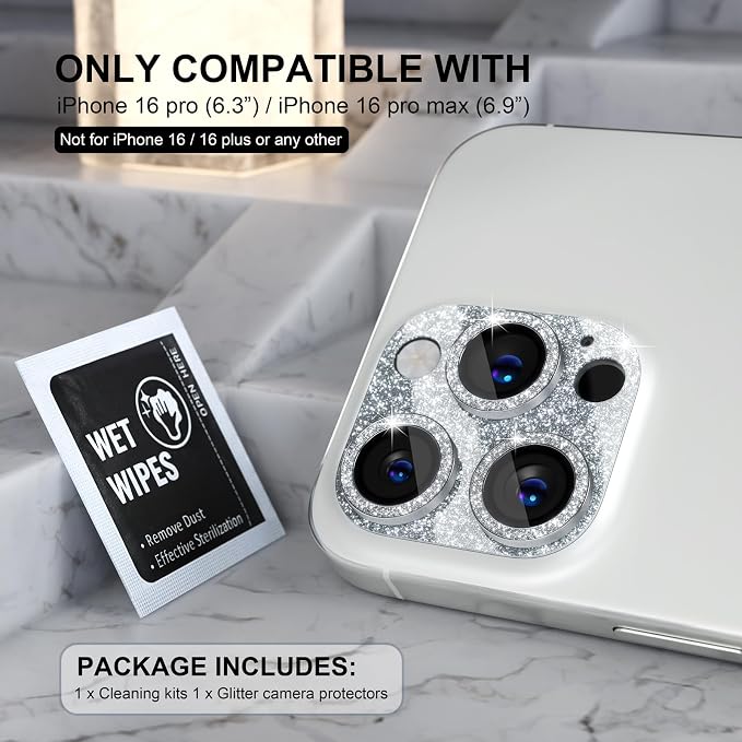 Choiche Compatible for iPhone 16 Pro/iPhone 16 Pro Max Camera Lens Protector, Bling Camera Cover with 9H Tempered Glass Lens Screen Protector Metal Ring Decoration Accessories (Glitter-Silver)