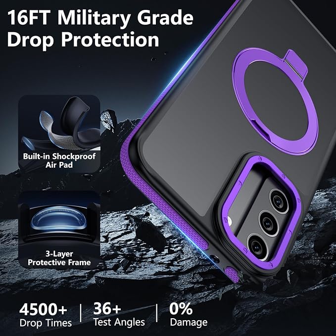 for Samsung Galaxy S21 FE Case, Magnetic Adjustable Ring Stand [Fit for Magsafe], [Military-Grade Shockproof Protection] Phone Case with Kickstand&Ring Holder (Purple)