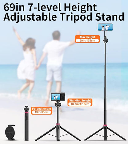 69" Magnetic Phone Tripod with Phone Clamp,Selfie Stick Monopod for Magsafe with Remote & Phone Mount Adapter,Portable Tripod for iPhone/Android,Portable Camera,Photo,Vlogging,Live Streaming,Travel