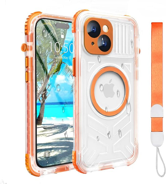 for iPhone 15 Waterproof Case Compatible with MagSafe, Translucent Slim IP68 Underwater Built-in Screen Protector, 12FT Military Grade, 360 Full Body Protective Cover 6.1 inch (Orange)