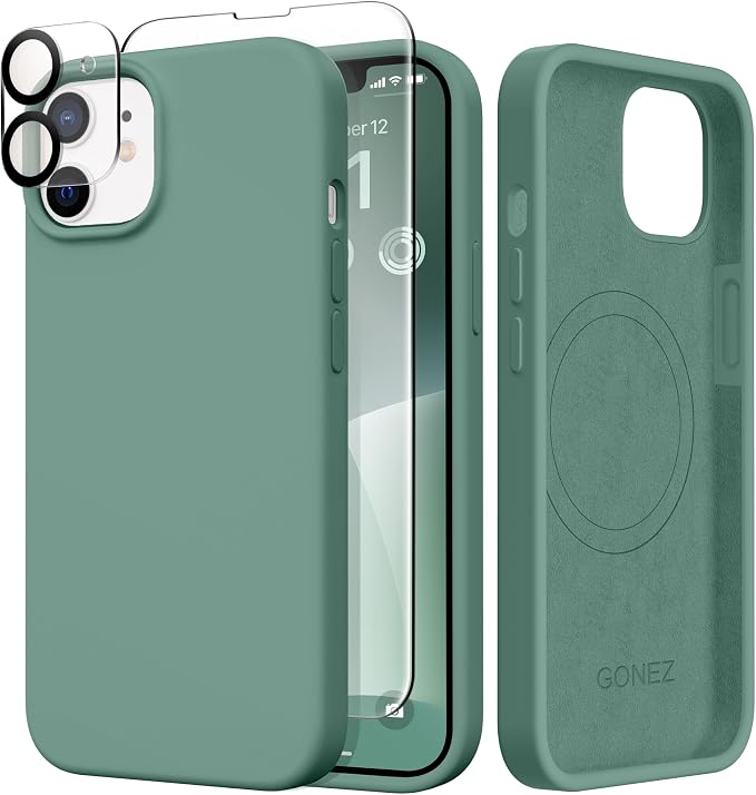 GONEZ Magnetic for iPhone 12 Case / 12 Pro Case, Compatible with MagSafe, [Screen Protector + Camera Lens Protector], Silicone Shockproof Anti-Scratch Protective Phone Case 6.1 inch, Midnight Green