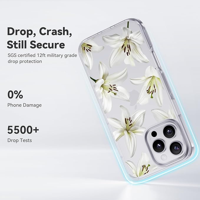 CASEKOO White Water Lily for iPhone 16 Pro Max Case, [Never Yellow Technology] [12FT Military-Grade Protection] Transparent Slim Floral Cover Women 16 Pro Max Phone Case 6.9 inch, White Water Lily
