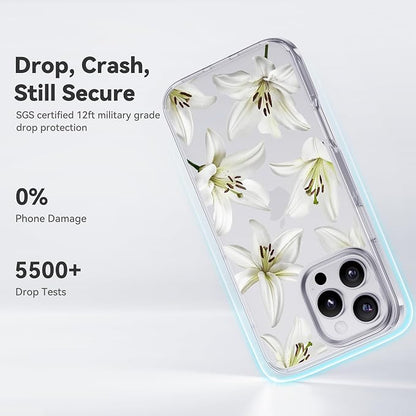 CASEKOO White Water Lily for iPhone 16 Pro Max Case, [Never Yellow Technology] [12FT Military-Grade Protection] Transparent Slim Floral Cover Women 16 Pro Max Phone Case 6.9 inch, White Water Lily