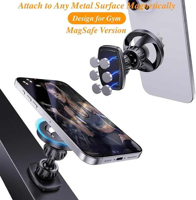 Gym Magnetic Phone Holder Mount for MagSafe, [Metal Joint] 360° Rotatable Dual Magnetic Phone Holder for Gym Workout Record Compatible with iPhone 17/16/15/14/13/12 Series
