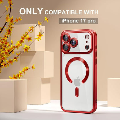 Misea Magnetic for iPhone 17 Pro Case Compatible with MagSafe [Never Yellowing] [Military Grade Drop Protection] Full Camera Lens Protector Plating Soft Clear Phone Case for Women, Red
