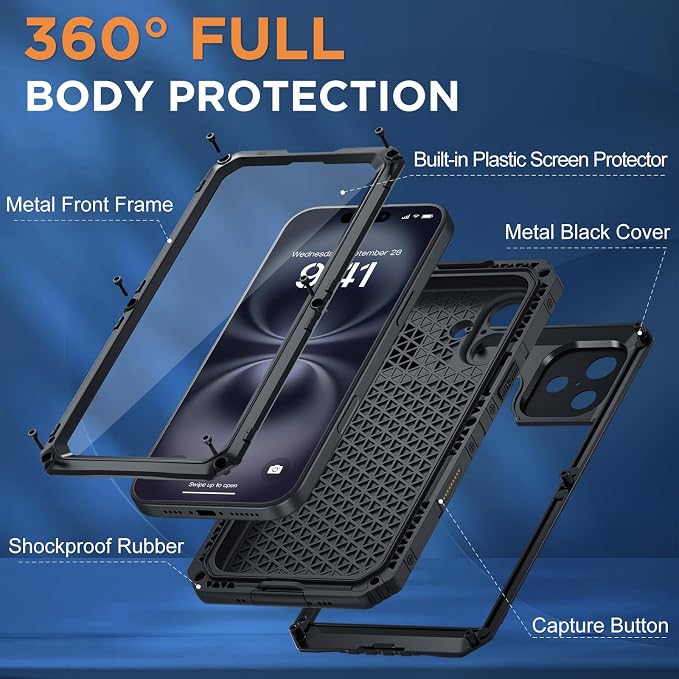 Beasyjoy for iPhone 16 Plus Case Waterproof, Metal Heavy Duty Full Body Protective Case with Built-in Screen Protector, Military Grade Shockproof Defender Cover for iPhone 16 Plus 6.7", Black