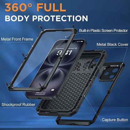 Beasyjoy for iPhone 16 Plus Case Waterproof, Metal Heavy Duty Full Body Protective Case with Built-in Screen Protector, Military Grade Shockproof Defender Cover for iPhone 16 Plus 6.7", Black