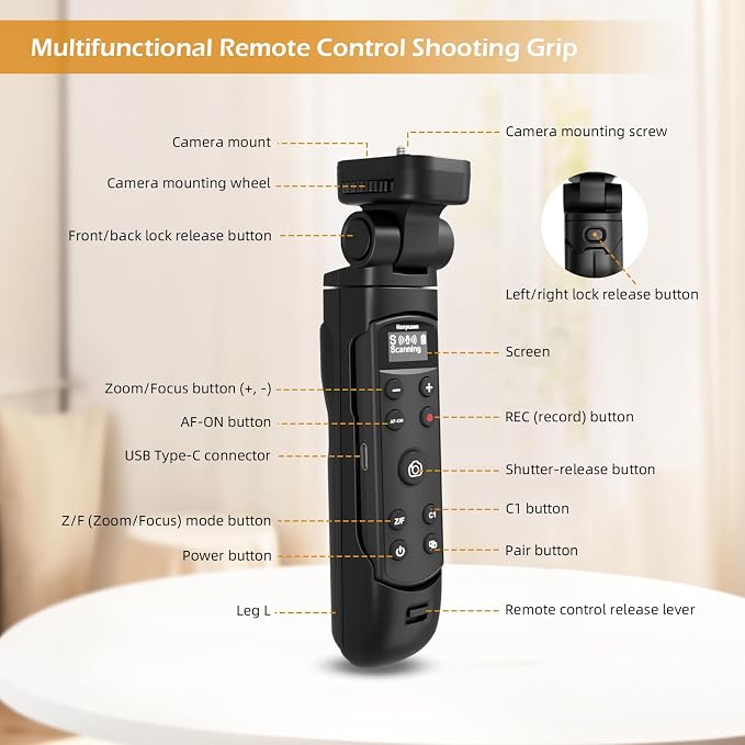 for Sony Tripod Wireless Shooting Grip with Shutter Release - Mini-Tripod with Rechargeable Remote Control for ZV-E10/ZV-E1/ZV-1/ZV-1F/RX100 VII/RX0 II/A6700/A6400/A6600/A7 III/FX3/FX30 - for Vlogging