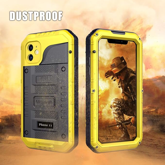 Mitywah Waterproof Case for iPhone 11, Heavy Duty Military Grade Shockproof Cover Built-in Screen Protection, Metal Case Full Body Dustproof Strong Rugged Thick for iPhone 11, Yellow