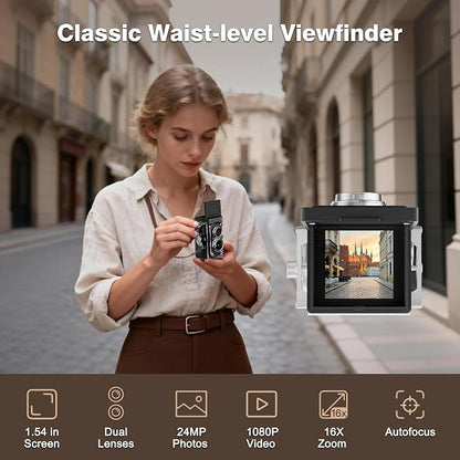 Mini Retro TLR Digital Camera, Portable 24MP 1080P FHD Vintage Point and Shoot Pocket Travel Camera with Twin Lens, Autofocus, 16X Digital Zoom, 16GB Card, for Beginners, Teens & Adults - Black