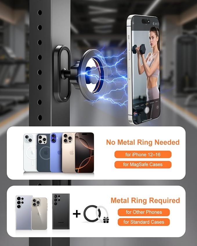 volport Gym Magnetic Phone Holder, Attaches to Metal Surfaces, Double Magnet Mount with 24 Strong Magnets, 360° Adjustable Ball Joint, for MagSafe iPhone 12-17, Gym Accessories for Workout Recording