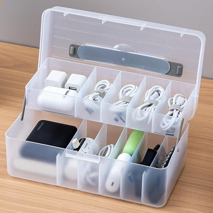 Vidifor 2-Layer Cable Organizer Box with 20 Cable Ties, Portable Cord, Charger and Bandages Storage for Drawer, Desk, Office & Home (White)