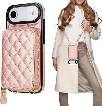 Bocasal Crossbody Wallet Case for iPhone 17 Air, RFID Blocking PU Leather Zipper Handbag Purse Flip Cover, Kickstand Folio Case with Card Slots Holder Wrist Strap Lanyard 5G 6.5 Inch (Rose Gold)
