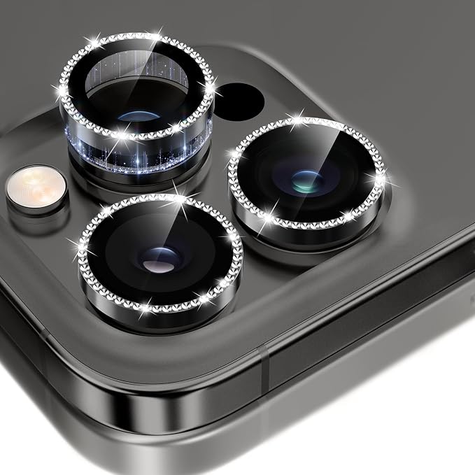 GolbinBox Camera Lens Protector for iPhone 13 Pro/13 Pro Max, 1:1 Invisible Fit, 9H Tempered Glass Ultra HD Metal Individual Camera Cover for Women, Case Friendly, Bling/Black