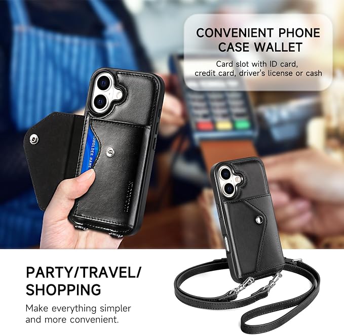 LUCKYCOIN for iPhone 17 Crossbody Wallet Case – Genuine Leather Phone Purse with Adjustable Strap and Card Holder,Lanyard Phone Purse Case for Women,Vintage Black