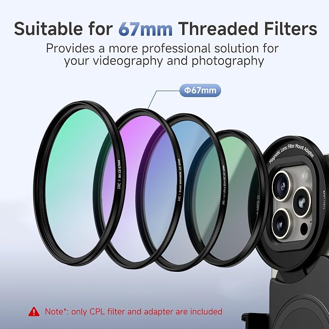 JJC 67mm CPL Filter for iPhone, Magnetic Circiular Polarizer Lens Filter Adapter Kit Compatible with iPhone 16 15 14 Pro Max Plus with 1/4” Screw & Shoe Mount for Vlogging Video Recording TikTok