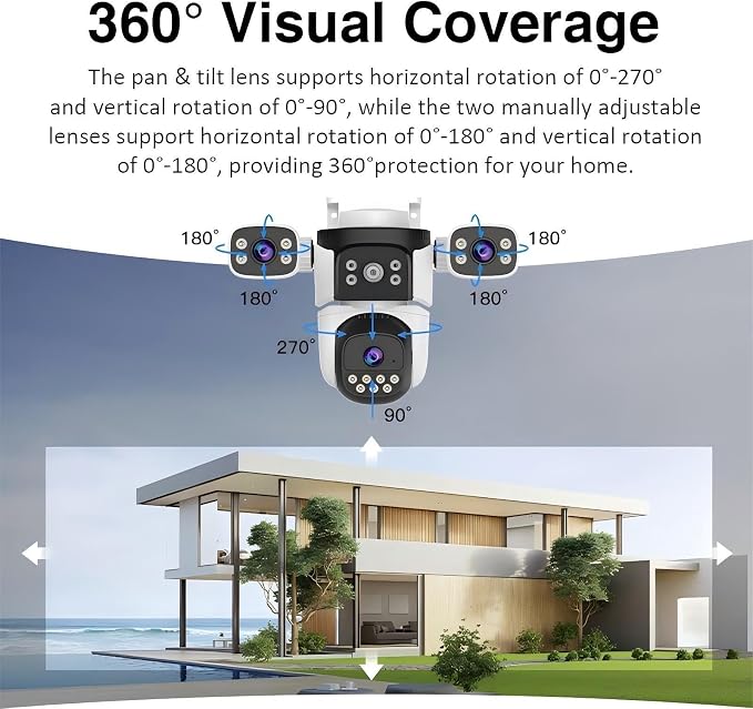 EVERSECU Triple Lens WiFi PTZ Security Camera, Three Cameras in One, Side Cameras with Adjustable All-Angle Arm, 2K 360° View No Blind Spot, Auto Tracking, Spotlight, 2 Way Audio（2pack