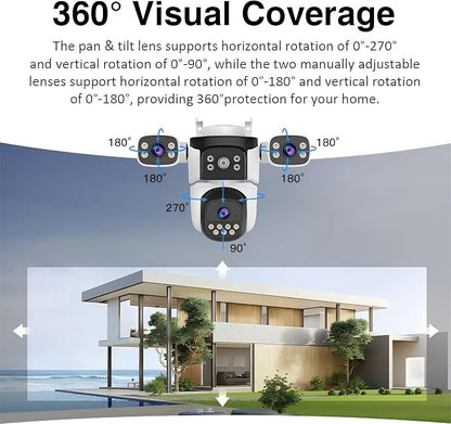 EVERSECU Triple Lens WiFi PTZ Security Camera, Three Cameras in One, Side Cameras with Adjustable All-Angle Arm, 2K 360° View No Blind Spot, Auto Tracking, Spotlight, 2 Way Audio