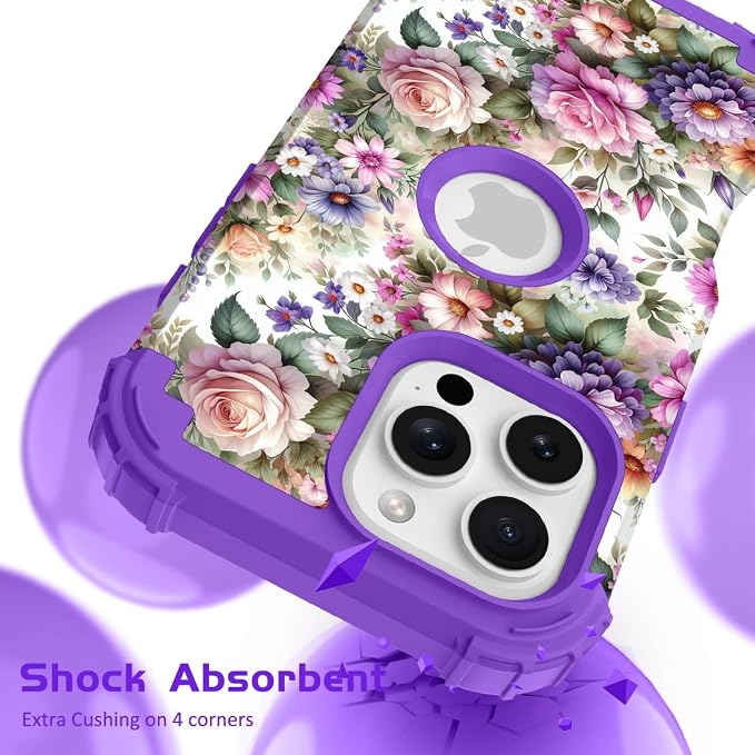 Hocase for iPhone 16 Pro Max Case, Heavy Duty Shockproof Protection Soft Silicone Rubber+Hard Plastic Bumpers Hybrid Protective Case for iPhone 16 Pro Max 2024 - Purple Pink Flowers