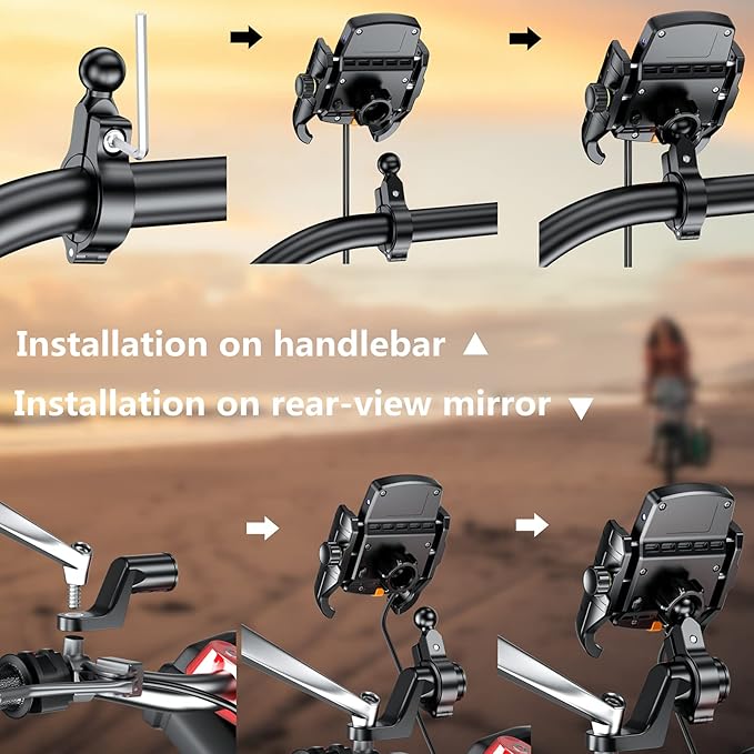BRCOVAN Motorcycle Phone Mount Holder with Qi 15W Wireless Charger & PD/USB-C 20W Fast Charging Port, Waterproof Cellphone Cradle with Aluminum Alloy Handlebar Mounting Base for 4-8" Smartphone