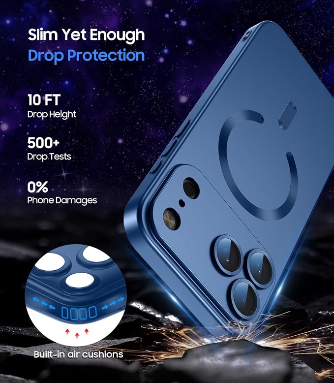 Magnetic for iPhone 17 Pro Case [Compatible with MagSafe][Built-in Camera Lens Protector] Slim Thin Soft Silicone Bumper Shockproof Metallic Luster Phone Case (Blue)