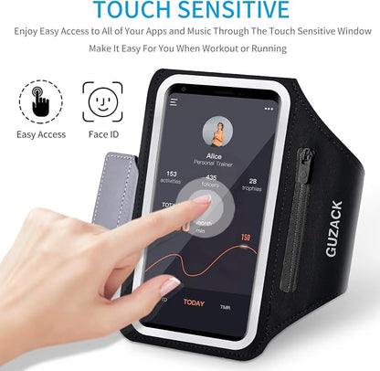 GUZACK Running Phone Holder with Zipper Pouch, Running Armband for iPhone 17/16/15/14/13 Pro Max/Plus, Galaxy S25/S24/S23/S22, Cell Phone Arm Holder with Card Slot - Size L (Bigger Arm 14-17 in)
