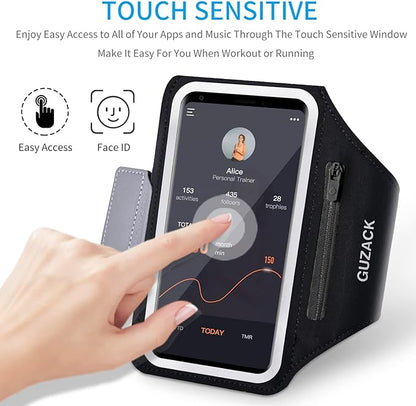 GUZACK Phone Holder for Running with Zipper Pouch, Running Armband for iPhone 17/16/15/14/13/12/11 Pro Max/Plus/XR/XS, Galaxy S25/S24/S23/S22, Cell Phone Arm Holder with Key Pocket & Card Slot