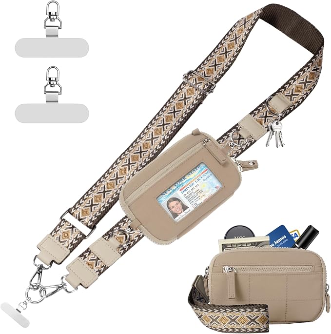 Tiostep Clip and Go Strap for Phone with Wallet Crossbody Phone Lanyard with Anti-Theft Zipper Pouch Detachable Quilted Wrist Wallet with RFID and ID Window for Daily Travel. Khaki