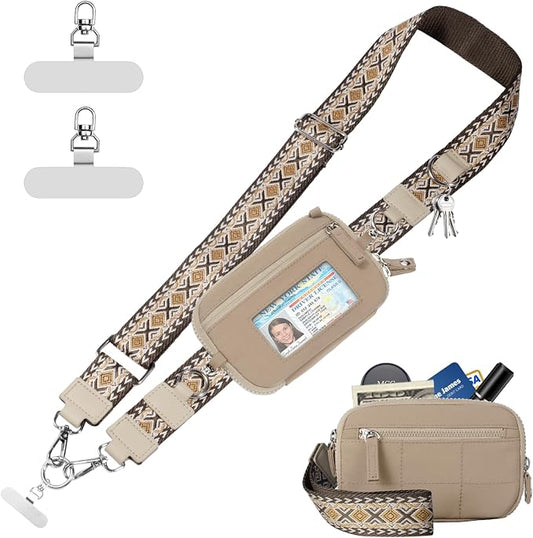 Tiostep Clip and Go Strap for Phone with Wallet Crossbody Phone Lanyard with Anti-Theft Zipper Pouch Detachable Quilted Wrist Wallet with RFID and ID Window for Daily Travel. Khaki