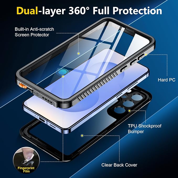 SPIDERCASE Upgraded for Samsung Galaxy S25 Plus Case Waterproof,Built-in Screen & Camera Lens Protector[IP68 Underwater] [Military Grade Shockproof] Full Body Protection Phone Case,Black/Clear