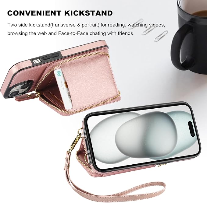 Bocasal RFID Blocking Wallet Case for iPhone 15, Adjustable Crossbody Zipper Purse Case Card Holder with Kickstand Detachable Wrist Strap, PU Leather Flip Folio Case 6.1 Inch 5G (Rose Gold)