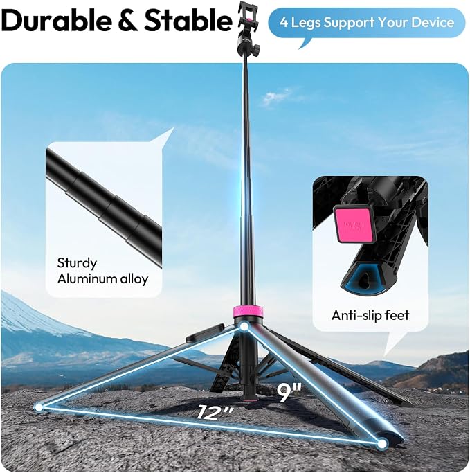 ULANZI MT-44B Phone Tripod, 59'' Auto Open Phone Stand with Dual Camera Set up, 360° Ball Head, Extendable Selfie Stick w Cold Shoe for Filming/Selfie in Vlog, Family Gatherings, Black