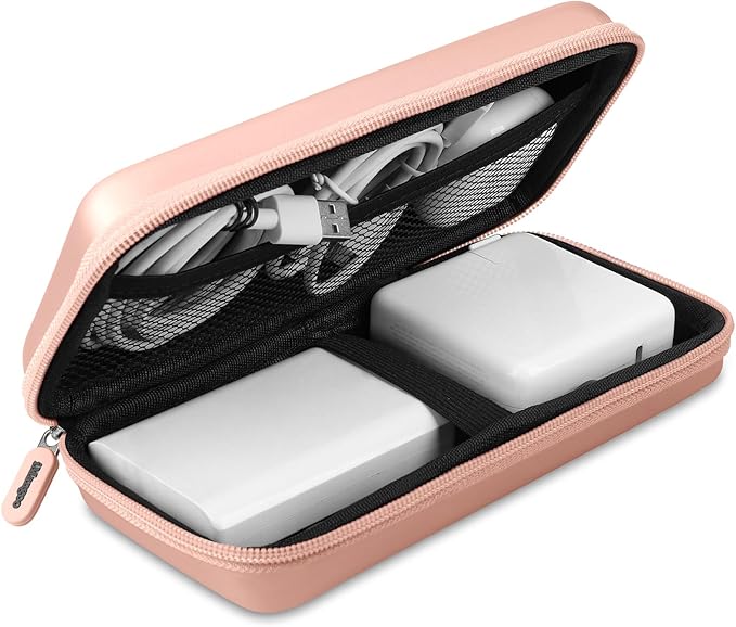 iMangoo Travel Essential Electronics Organizer Pouch Charger Case, Shockproof Dual Zipper Power Bank Cables Tech Accessories Purse, Men & Women Travel Must Have Storage Bag, 8.5x4.5x2 inch Rose Gold