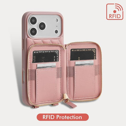 LAMEEKU for iPhone 17 Pro Case Wallet with Card Holder, Wrist Strap Crossbody Phone Cover for Women 6.3" Pink