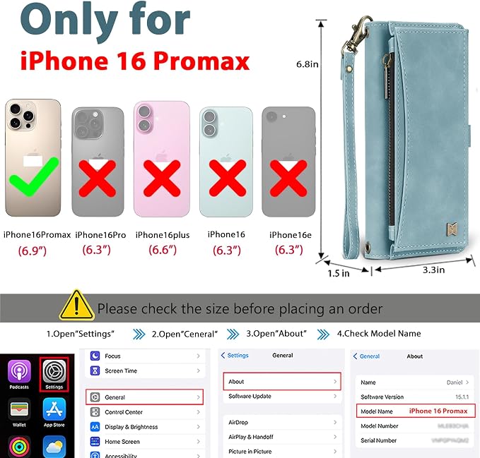 Wallet Case for iPhone 16 Pro Max with Card Holder/Crossbody Wallet/Strap| RFID Blocking | Magnetic | Kickstand | Detachable | PU Leather Phone Case for iPhone 16 Pro Max,6.9 in,Blue