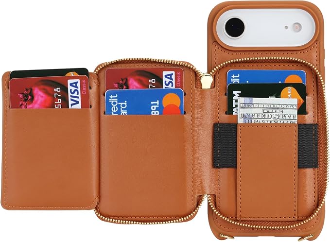 Crossbody Wallet Case for iPhone Air, PU Leather Zipper Handbag Purse Flip Cover, Kickstand Folio Case with Card Slots Holder Wrist Strap Lanyard 5G 6.5 Inch-Brown