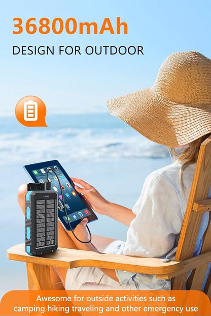 Solar Power Bank 38800mAh Portable Charger with USB-C 5V/2.4A Fast Charging Power Bank Compatible with iPhone, with 2 LED Flashlights External Battery Pack Perfect for Camping, Hiking
