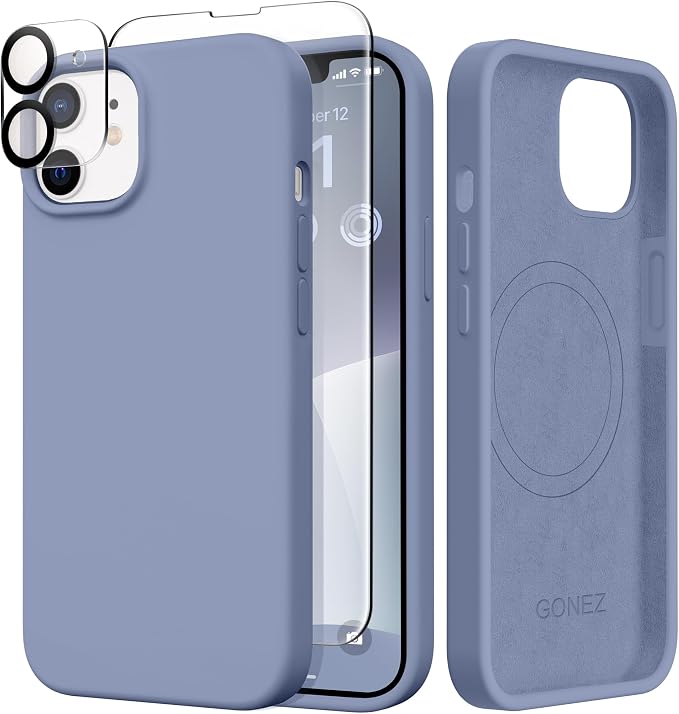 GONEZ Magnetic for iPhone 12 Case / 12 Pro Case, Compatible with MagSafe, [Screen Protector + Camera Lens Protector], Silicone Shockproof Anti-Scratch Protective Phone Case 6.1 inch, Lavender Gray