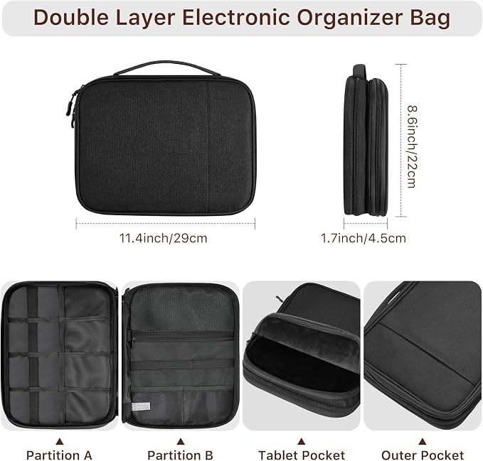 Dadanism Electronics Travel Organizer Case, Double Layers Cord Organizer | Travel All-in-One Storage Bag for Cable, Cord, iPad, Chargers, fits 9-11'' Tablets, Portable Tech Accessories Bag, Black