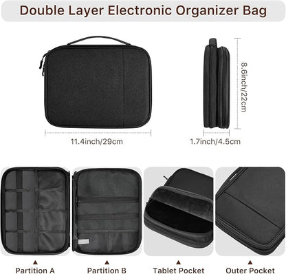 Dadanism Electronics Travel Organizer Case, Double Layers Cord Organizer | Travel All-in-One Storage Bag for Cable, Cord, iPad, Chargers, fits 9-11'' Tablets, Portable Tech Accessories Bag, Black