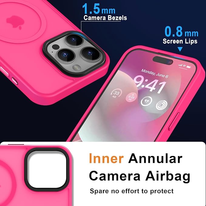 MOCCA Strong Magnetic for iPhone 15 Pro Max Case, [Compatible with Magsafe][13FT Military Drop Protection] Slim Translucent Matte Shockproof Case for iPhone 15 ProMax Case 6.7'' - Hot Pink